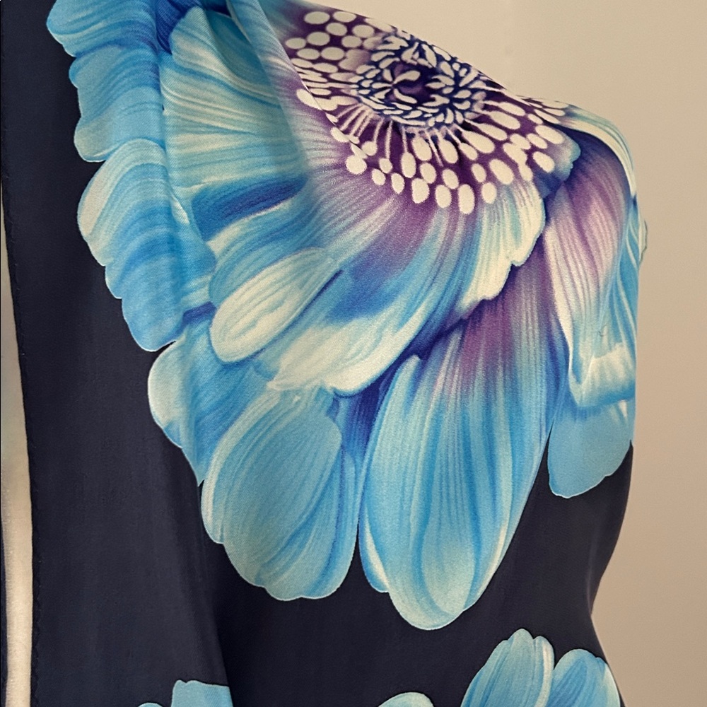Vintage Oscar de la Renta Blue and Purple Floral Silk Scarf - Picture 2 of 6
